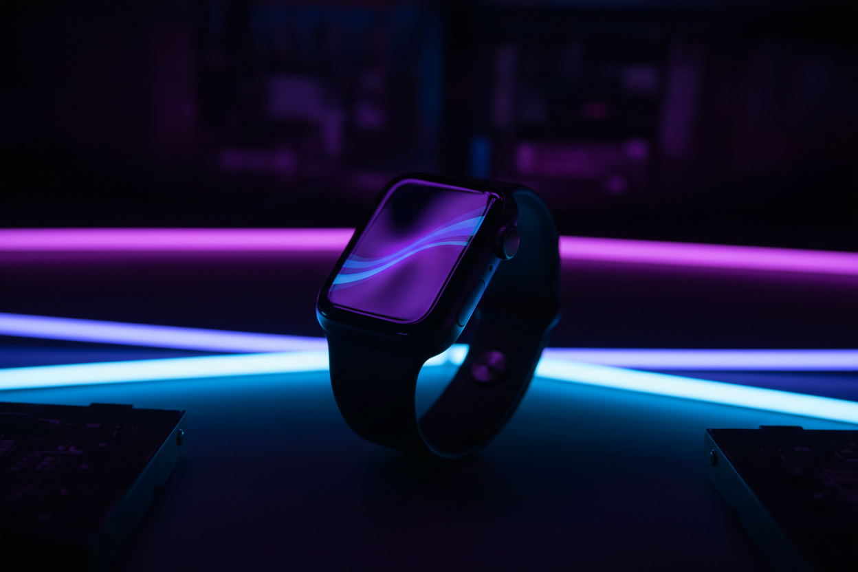 a black apple watch in a dark room with purple and blue led lights