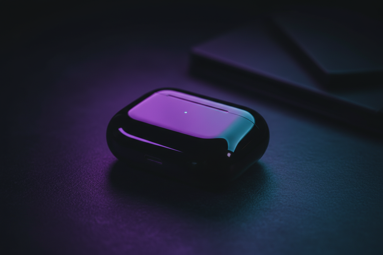 Air pod case in a dark room with purple and blue led lights in a dark room