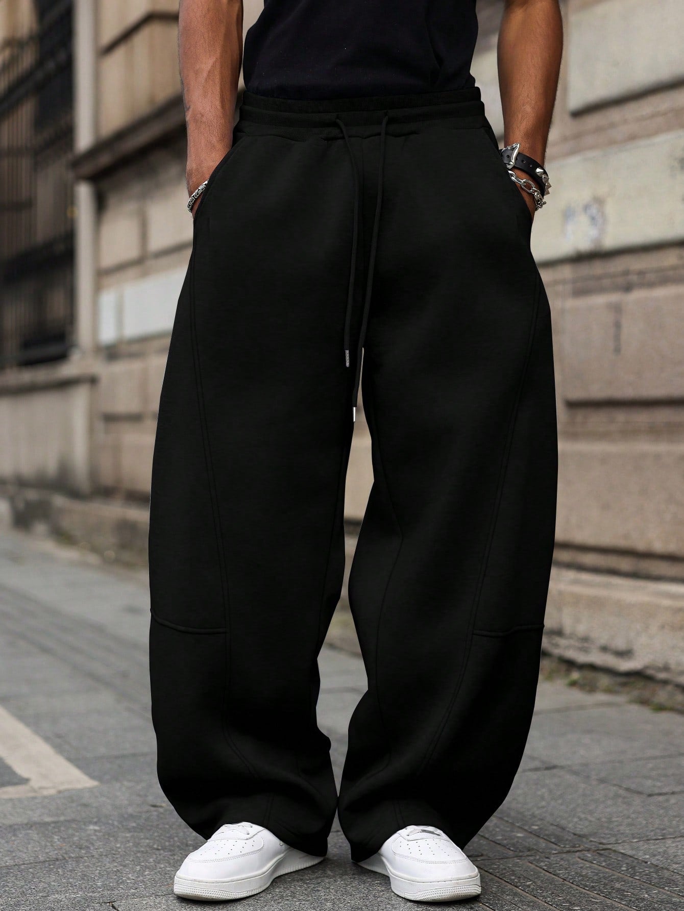 Manfinity Hypemode Men'S Solid Color Loose Elastic Waist Drawstring Pocket Sweatpants