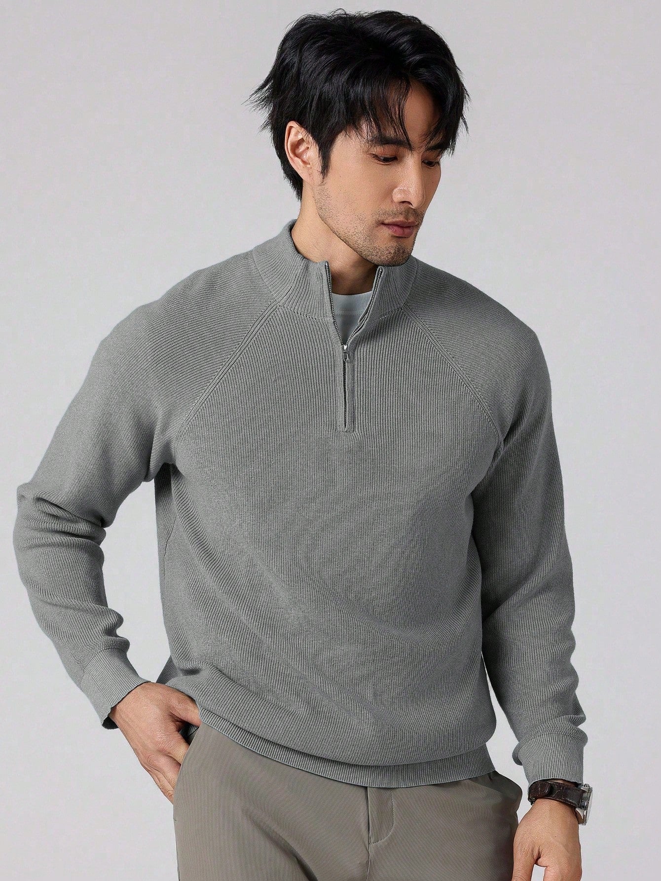 Manfinity Homme Men'S Plain Casual Pullover Long Sleeve Half Zip Sweater, for Fall Winter
